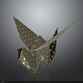 Origami Crane Paper Art With Yellow Circle Patterns On Dark Reflective Surface