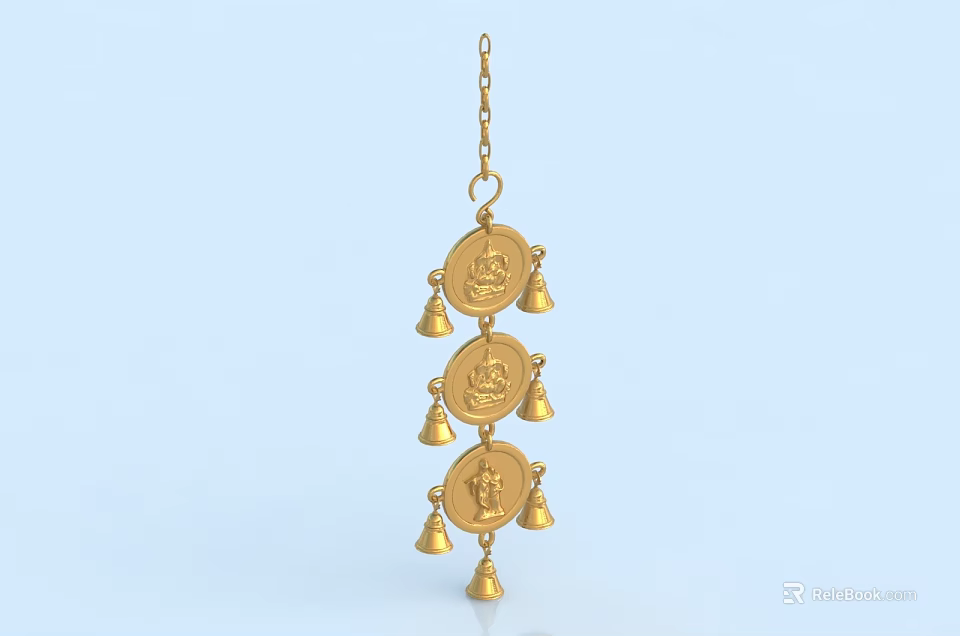 Golden Hanging Pendant With Chain Circular Decorative Elements And Small Bells 3d model