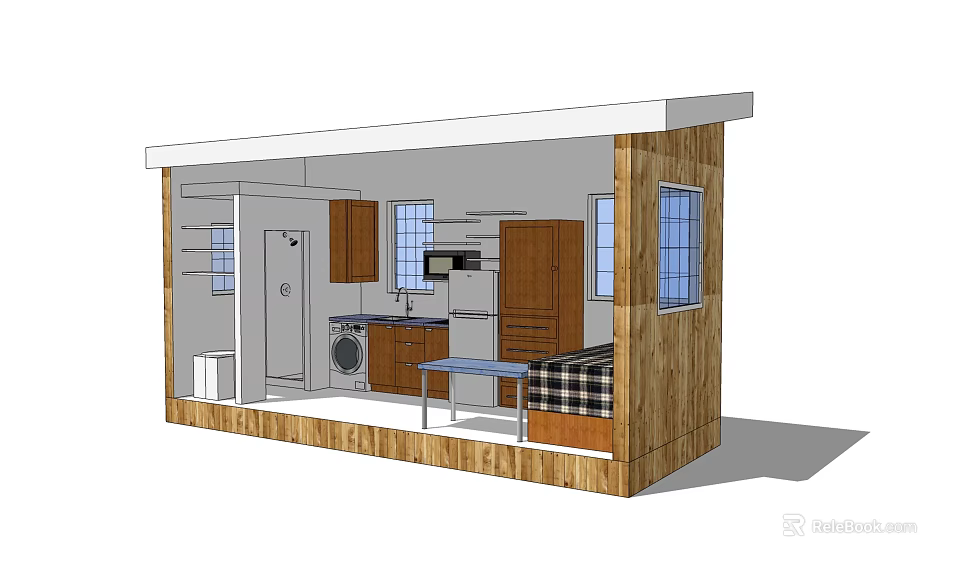 Wooden Homestay Building Interior With Kitchen Washing Machine Bed Table And Windows 3d model 