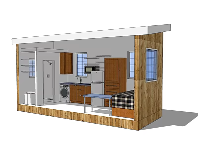 Wooden Homestay Building Interior With Kitchen Washing Machine Bed Table And Windows 3d model