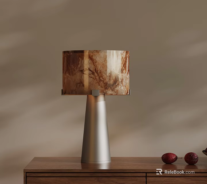 Minimalist Modern Table Lamp With Silver Metal Base And Marble Texture Shade On Wooden Table 3d model 