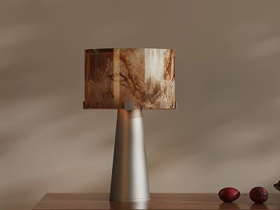 Minimalist Modern Table Lamp With Silver Metal Base And Marble Texture Shade On Wooden Table 3d model