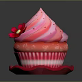 Decorative Pink Cupcake With Pink Frosting Red Flower And Striped Tray Design