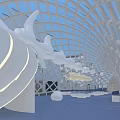 Modern Architectural Interior With White Curved Structures And Glass Dome 3d model