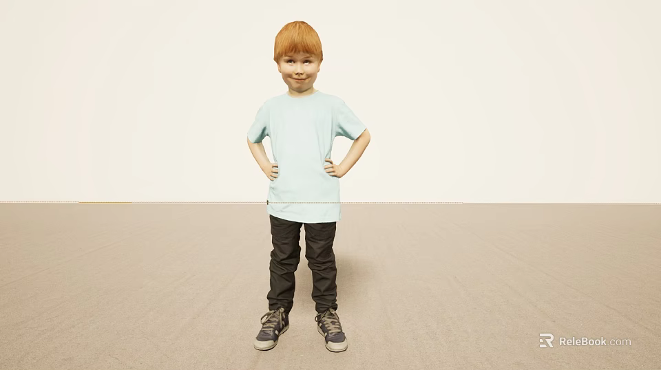 Red Haired Boy in Light Blue T-Shirt Posing with Hands on Hips Against Light Background 3d model 