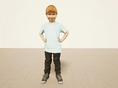 Red Haired Boy in Light Blue T-Shirt Posing with Hands on Hips Against Light Background 3d model