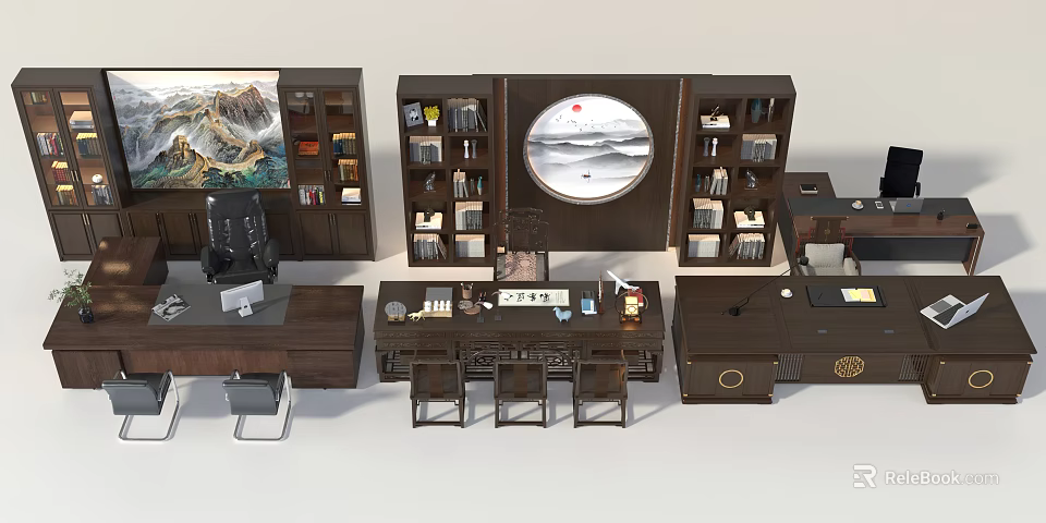 Chinese Style Office Table And Chair Set With Solid Wood Bookshelves And Decorative Painting 3d model 