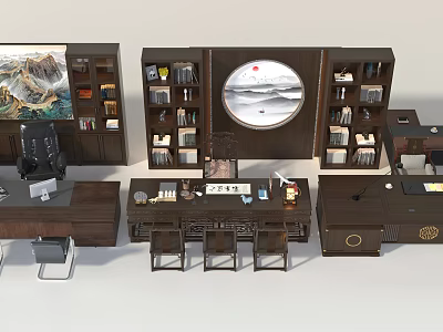 Chinese Style Office Table And Chair Set With Solid Wood Bookshelves And Decorative Painting 3d model