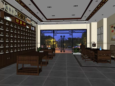 Chinese Style Traditional Store Interior With Wooden Furniture And Display Cabinets 3d model