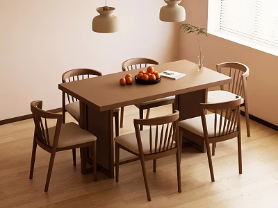 Simple Wooden Dining Table Set with Six Chairs Fruit Bowl Pendant Lights and Wooden Floor 3d model