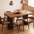 Simple Wooden Dining Table Set with Six Chairs Fruit Bowl Pendant Lights and Wooden Floor
