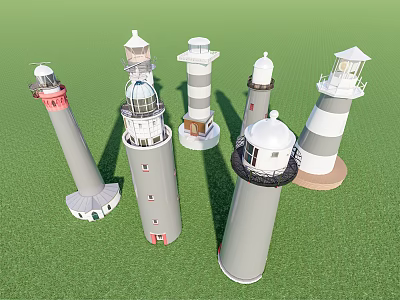 Garden Ornaments Featuring Various Lighthouse Models With Different Designs On Grass 3d model