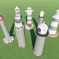 Garden Ornaments Featuring Various Lighthouse Models With Different Designs On Grass