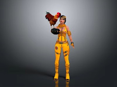 Woman In Yellow Jumpsuit With Rooster On Arm Headpiece Wrist Guards And Yellow Boots 3d model