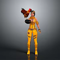 Woman In Yellow Jumpsuit With Rooster On Arm Headpiece Wrist Guards And Yellow Boots