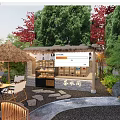 Traditional Garden Landscape with Tea Room Thatched Roof Stone Path and Green Plants
