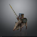 Man Riding Wild Boar Holding Long Spear Wearing Armor And Shield
