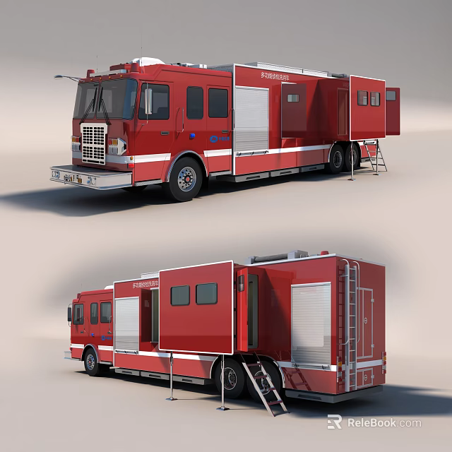 Red Fire Truck With Compartment Doors Ladder And Emergency Rescue Equipment 3d model 