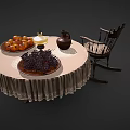 Vintage Rocking Chair With Round Table Lace Tablecloth Clay Jug Oil Lamp And Fruit Plate