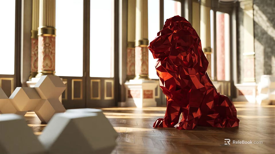 Elegant Banquet Hall Interior With Red Geometric Lion Sculpture Columns And Wooden Floor 3d model 