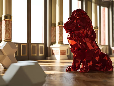Elegant Banquet Hall Interior With Red Geometric Lion Sculpture Columns And Wooden Floor 3d model
