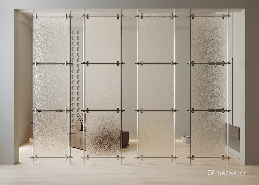 Modern Decorative Glass Room Divider With Frosted Panels And Metal Frames 3d model 