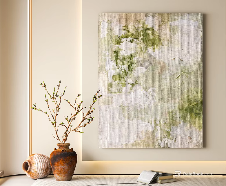 Abstract Green White Painting With Vase Twigs And Clay Pot On Wall 3d model 