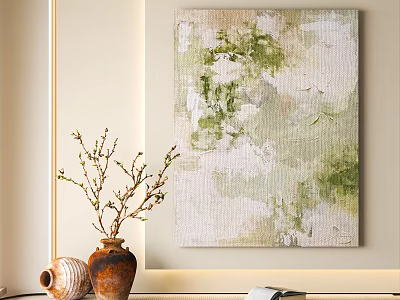Abstract Green White Painting With Vase Twigs And Clay Pot On Wall 3d model