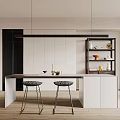 Modern Open Restaurant Kitchen Interior With Island Counter Black Bar Stools And White Cabinets