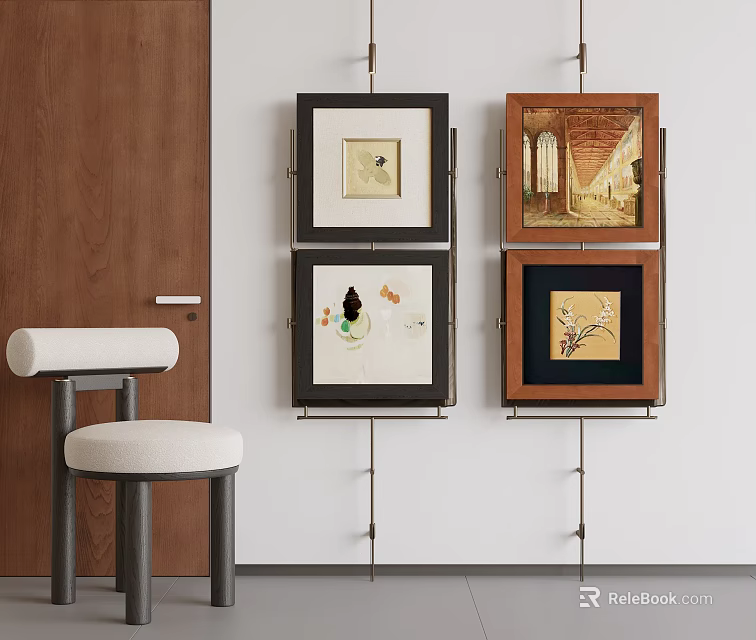 Abstract Paintings Displayed On Wall With Four Wooden Frames And White Stool 3d model 