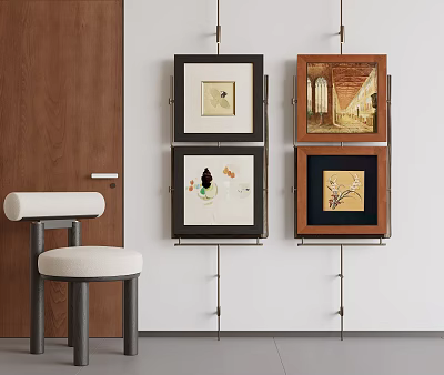 Abstract Paintings Displayed On Wall With Four Wooden Frames And White Stool 3d model