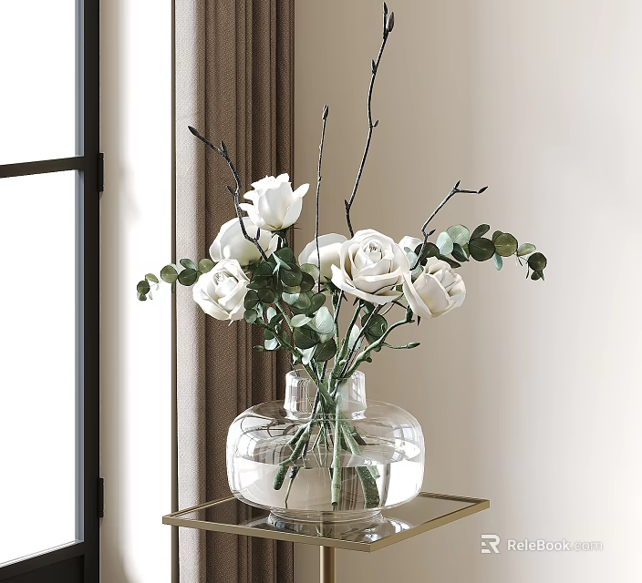 Transparent Glass Vase With White Roses And Green Eucalyptus On Golden Stand 3d model 
