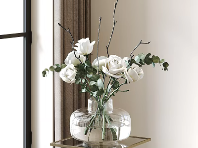 Transparent Glass Vase With White Roses And Green Eucalyptus On Golden Stand 3d model