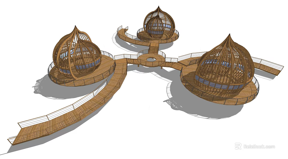 Outdoor Scenic Three Dome Structures Connected By Wooden Walkways Architectural Design 3d model 
