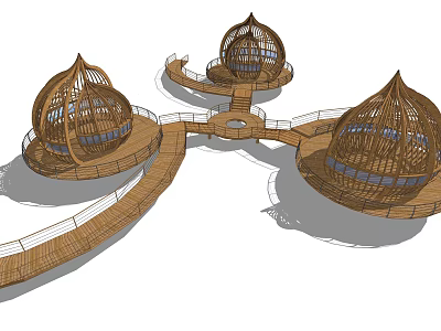Outdoor Scenic Three Dome Structures Connected By Wooden Walkways Architectural Design 3d model