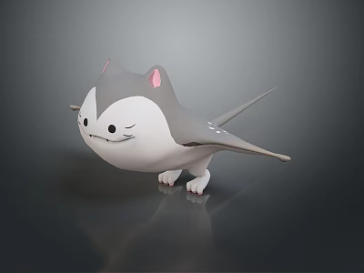 Cute 3D Cartoon Creature With Gray White Body Pink Ears Wings And Paws 3d model