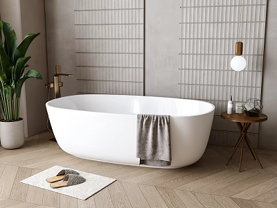 White Freestanding Bathtub With Gray Towel Mat Slippers Table Toiletries Textured Tile Wall Green Plant 3d model