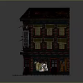 Cartoon Scene Two Story Shop Building With Brown Roof Green Awnings Red Door Display Window