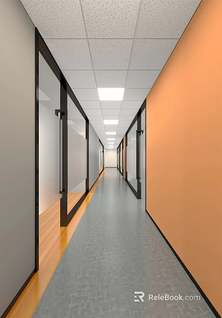 Elevator Hallway with Glass Doors Orange Walls Gray Flooring and Ceiling Lights 3d model 