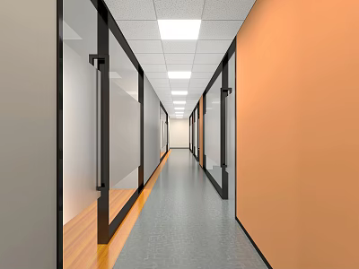 Elevator Hallway with Glass Doors Orange Walls Gray Flooring and Ceiling Lights 3d model