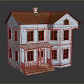 Cartoon Style Blue Two Story House with Red Roof Multiple Windows and Porch Steps
