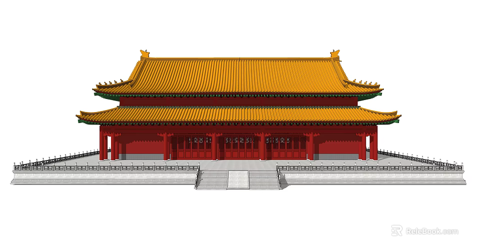 Ancient Chinese Architecture With Yellow Roof Red Walls Multi Story Structure Stone Steps Design 3d model 