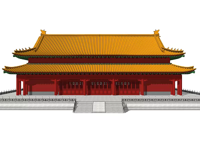 Ancient Chinese Architecture With Yellow Roof Red Walls Multi Story Structure Stone Steps Design 3d model