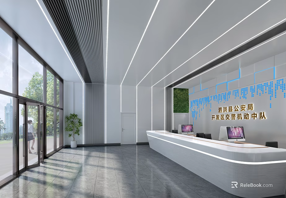 Modern Government Service Hall Interior With Spacious Layout Front Desk And Glass Windows 3d model 