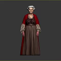 Elderly Woman in Red Cloak and Brown Dress with Lace Cuffs Standing Against Gray Background
