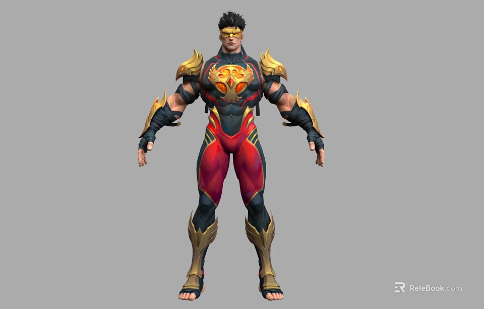 Man in Heroic Gold and Red Armor with Muscular Build and Ornate Shoulder Decorations 3d model 