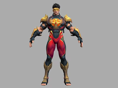 Man in Heroic Gold and Red Armor with Muscular Build and Ornate Shoulder Decorations 3d model