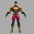 Man in Heroic Gold and Red Armor with Muscular Build and Ornate Shoulder Decorations