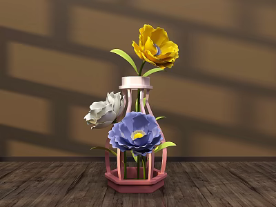 Floral Display with Pink Hexagonal Vase Yellow White Blue Flowers Green Leaves on Wooden Floor Shadow Effects 3d model