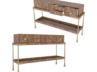 Elegant Office Desk With Patterned Drawers And Brass Metal Legs Lower Shelf 3d model